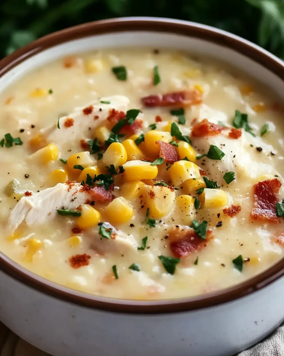 Snow Day Suppe – Herzhafte Kartoffelsuppe mit Huhn, Mais und Bacon First Image First Image