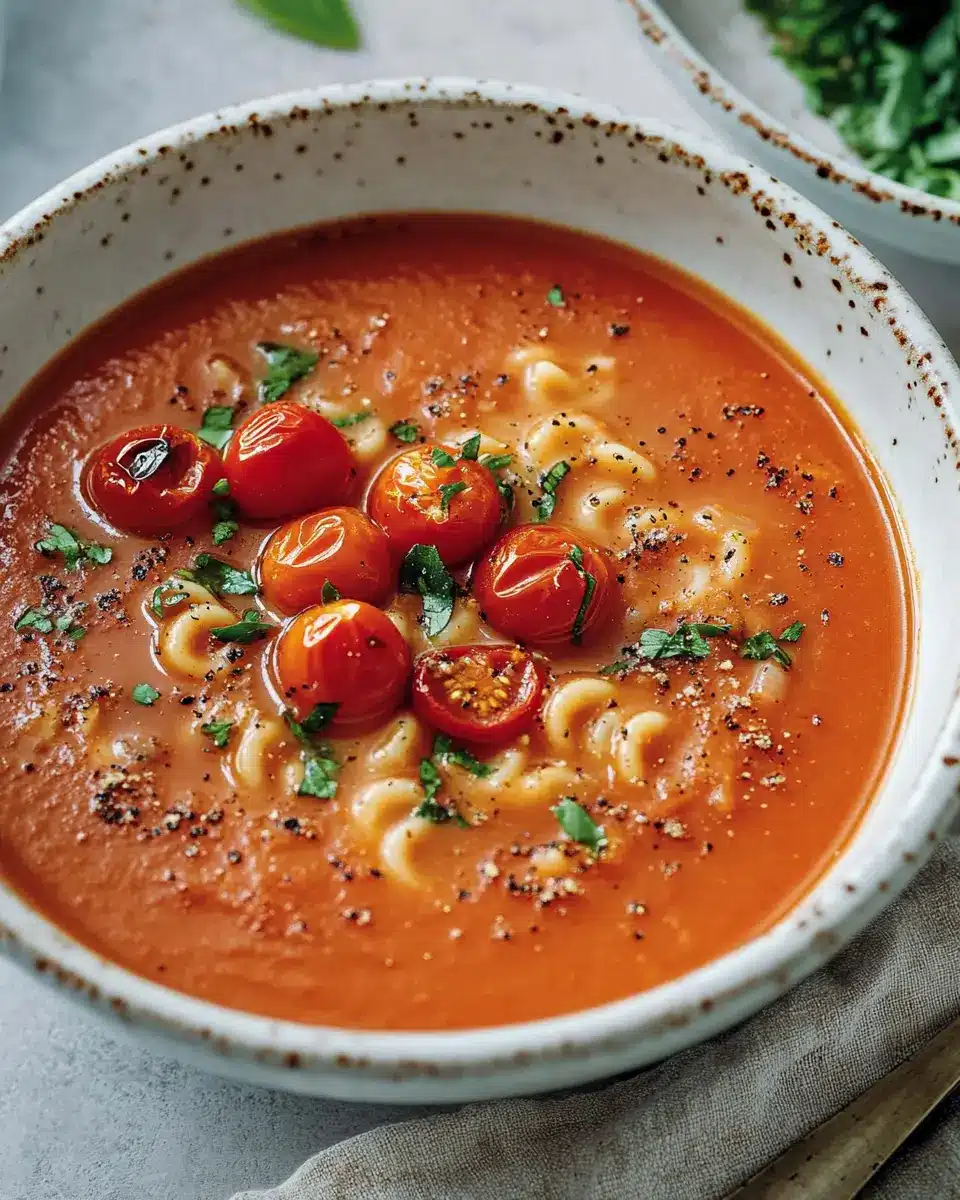 Vegane Tomatensuppe mit Nudeln First Image First Image