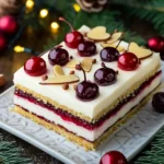 Weihnachtlicher Blechkuchen mit Kirschmarmelade und Mandelcreme First Image First Image