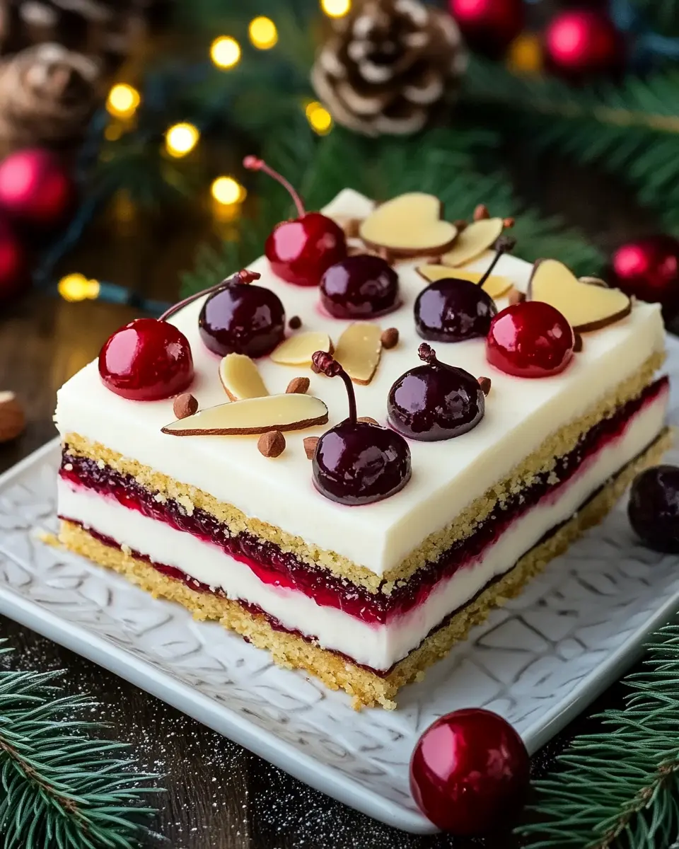 Weihnachtlicher Blechkuchen mit Kirschmarmelade und Mandelcreme First Image First Image