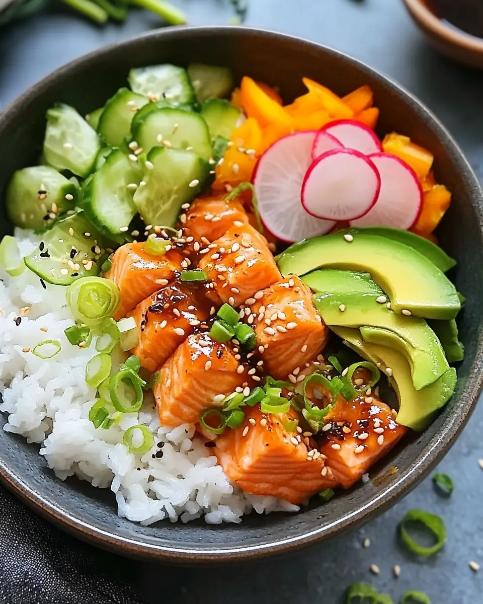 Einfaches Rezept für eine aromatische Lachs Reis Bowl First Image First Image